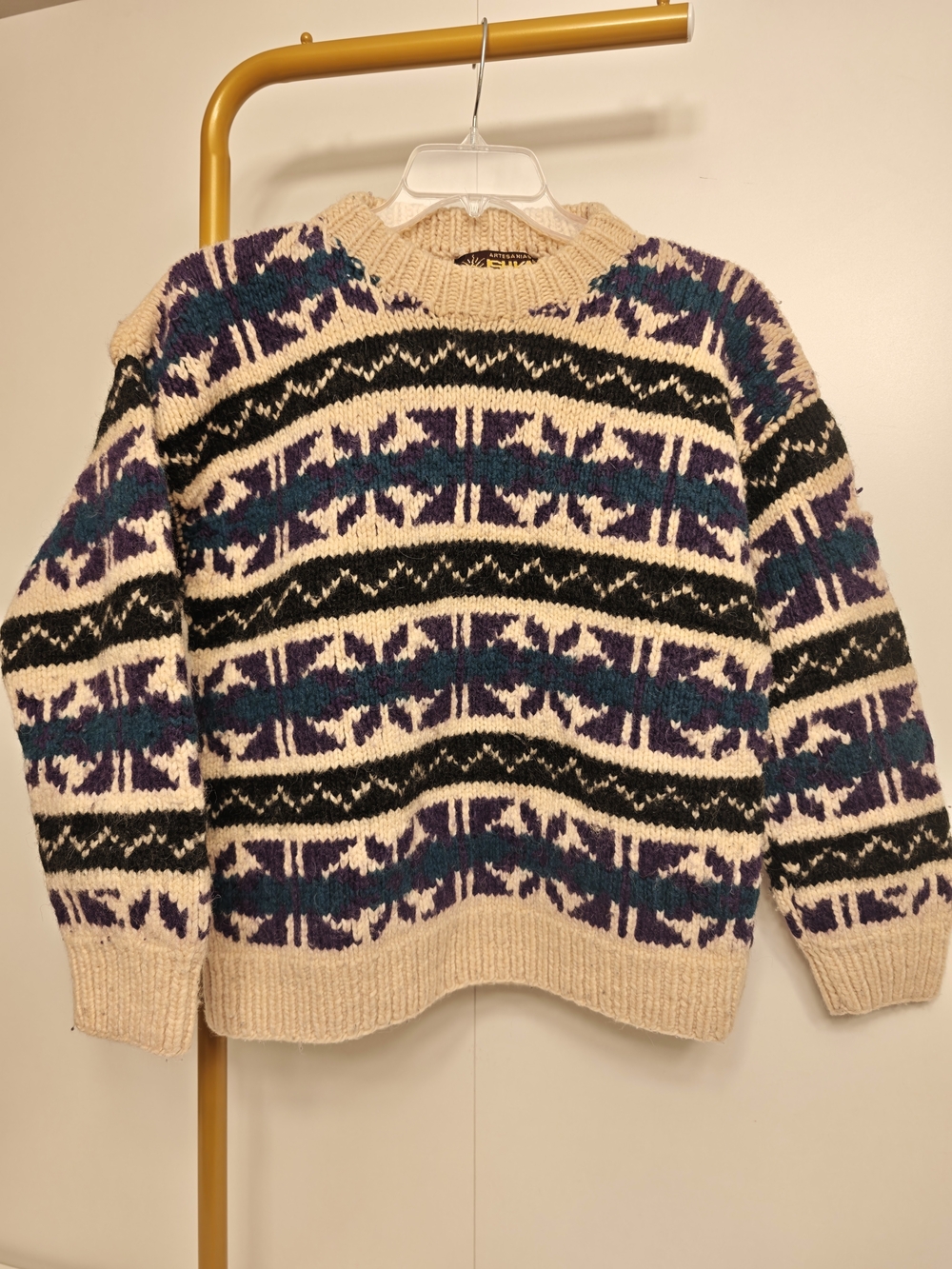 Ishka Handmade 100% Wool Crewneck Sweater Cream Blue Purple Pattern Mens M